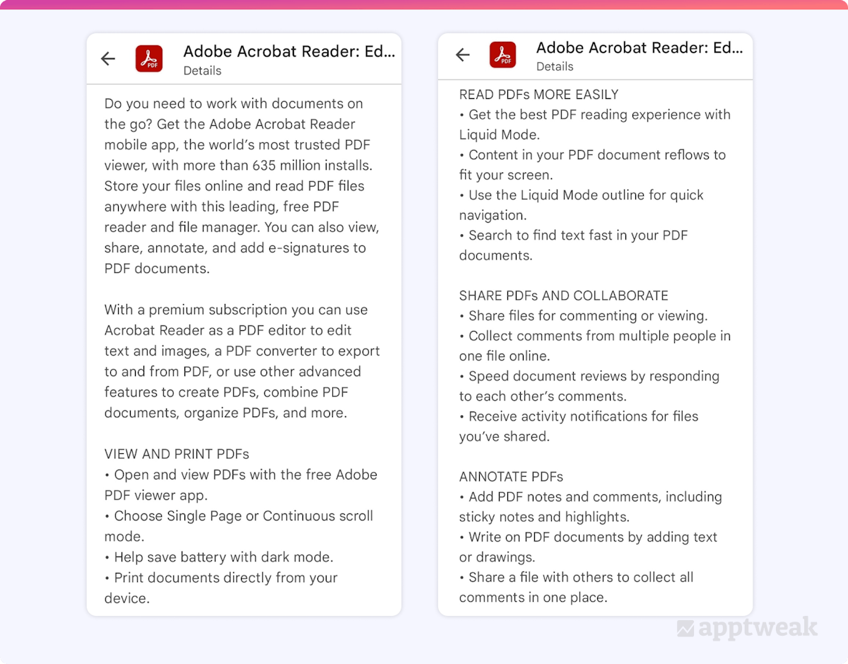Acrobat Adobe incorporates a bullet point format into their app description on Google Play Acrobat Adobe incorporates a bullet point format into their app description on Google Play
